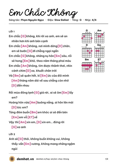 Hợp âm Em Chắc Không (Phạm Nguyên Ngọc) – bản nhạc PDF trang 1, tông G