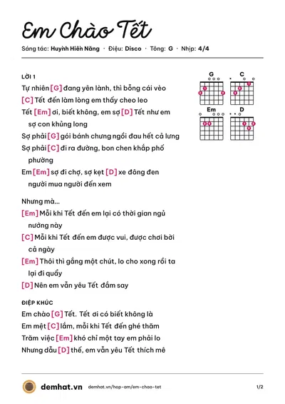 Hợp âm Em Chào Tết (Bích Phương) – bản nhạc PDF trang 1, tông G