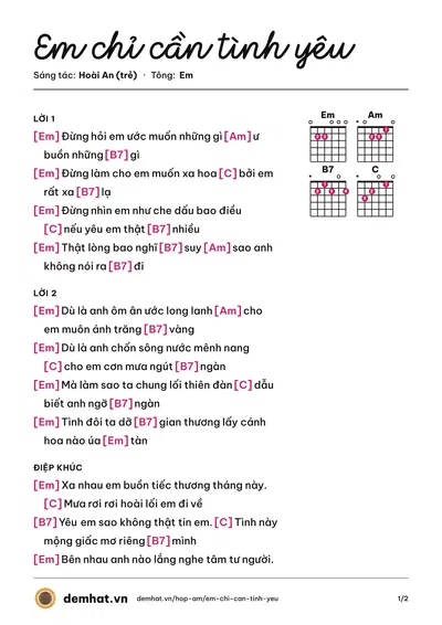 Hợp âm Em chỉ cần tình yêu (Hoài An (trẻ)) – bản nhạc PDF trang 1, tông Em