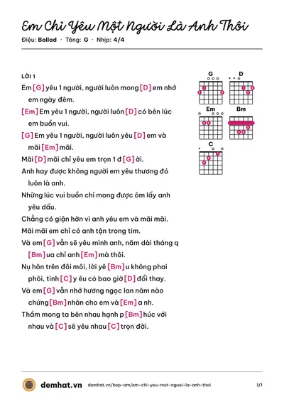 Hợp âm Em Chỉ Yêu Một Người Là Anh Thôi (Cẩm Ly) – bản nhạc PDF trang 1, tông G