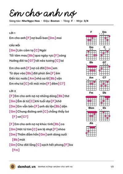 Hợp âm Em cho anh nợ (Nguyễn Cường) – bản nhạc PDF trang 1, tông F