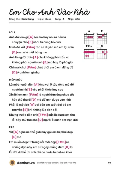 Hợp âm Em Cho Anh Vào Nhà (Minh Vương) – bản nhạc PDF trang 1, tông A