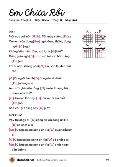Hợp âm Em Chừa Rồi (Vanh Leg) – bản nhạc PDF trang 1, tông G