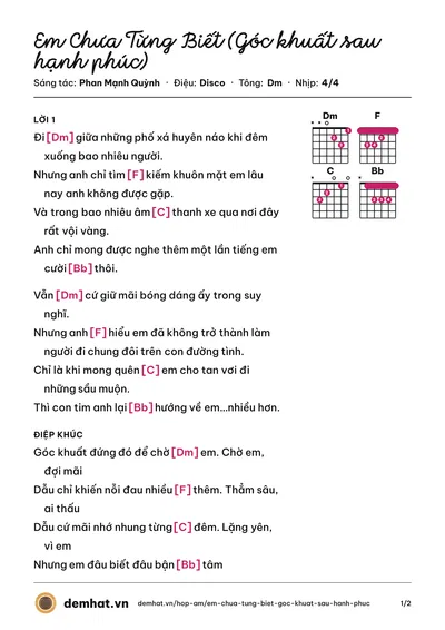 Hợp âm Em Chưa Từng Biết (Góc khuất sau hạnh phúc) (Hồ Quang Hiếu) – bản nhạc PDF trang 1, tông Dm
