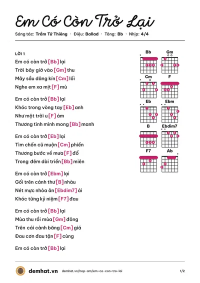 Hợp âm Em Có Còn Trở Lại (Khánh Ly) – bản nhạc PDF trang 1, tông Bb