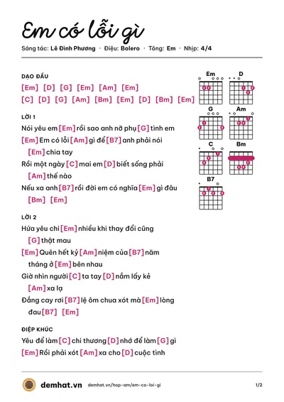 Hợp âm Em có lỗi gì (Tina Ngọc Lan) – bản nhạc PDF trang 1, tông Em