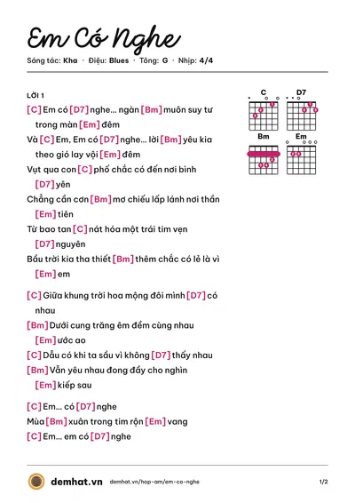 Hợp âm Em Có Nghe (Kha) – bản nhạc PDF trang 1, tông G