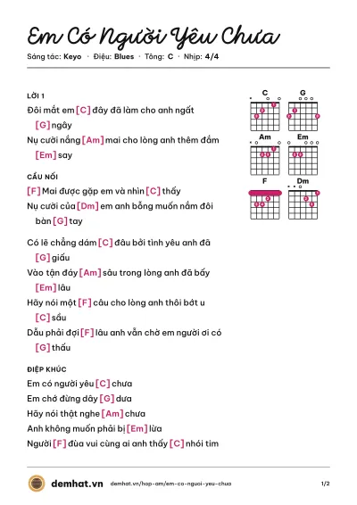 Hợp âm Em Có Người Yêu Chưa (Keyo) – bản nhạc PDF trang 1, tông C