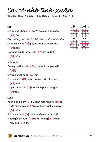 Hợp âm Em có nhớ tình xuân (Thành Phố Biển) – bản nhạc PDF trang 1, tông D