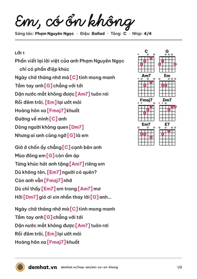 Hợp âm Em, có ổn không (Phạm Nguyên Ngọc) – bản nhạc PDF trang 1, tông C