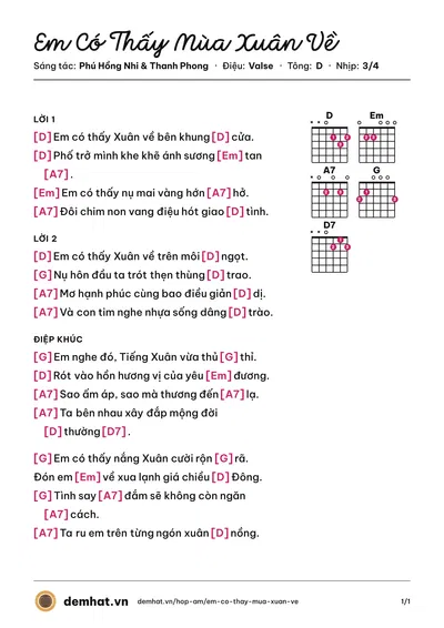 Hợp âm Em Có Thấy Mùa Xuân Về (Phú Hồng Nhi) – bản nhạc PDF trang 1, tông D