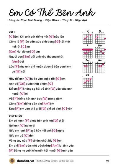 Hợp âm Em Có Thể Bên Anh (Lê Cường) – bản nhạc PDF trang 1, tông C