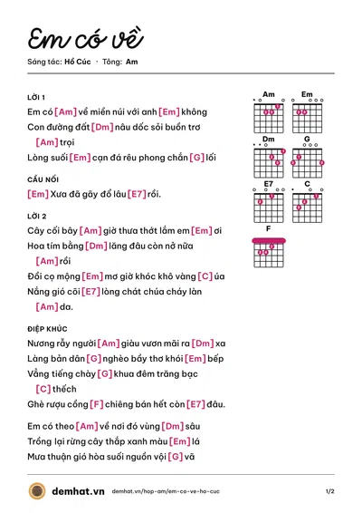 Hợp âm Em có về (Lâm Hoài Phong) – bản nhạc PDF trang 1, tông Am
