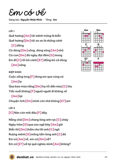 Hợp âm Em có về (Quang Minh) – bản nhạc PDF trang 1, tông Am