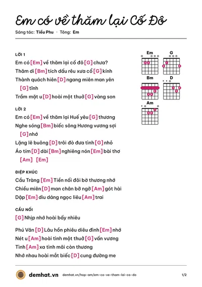 Hợp âm Em có về thăm lại Cố Đô (Trung Nghĩa) – bản nhạc PDF trang 1, tông Em