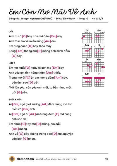 Hợp âm Em Còn Mơ Mãi Về Anh (Diệu Hiền) – bản nhạc PDF trang 1, tông G