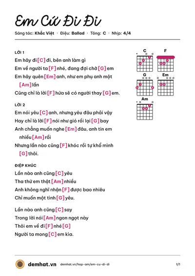 Hợp âm Em Cứ Đi Đi (Khắc Việt) – bản nhạc PDF trang 1, tông C