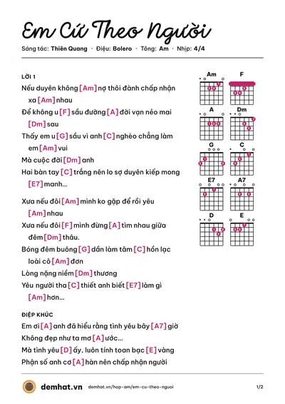 Hợp âm Em Cứ Theo Người (Thiên Quang) – bản nhạc PDF trang 1, tông Am