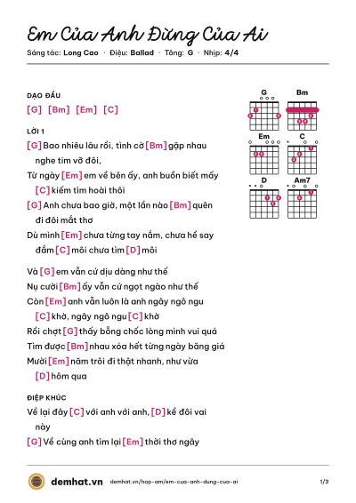 Hợp âm Em Của Anh Đừng Của Ai (Long Cao) – bản nhạc PDF trang 1, tông G