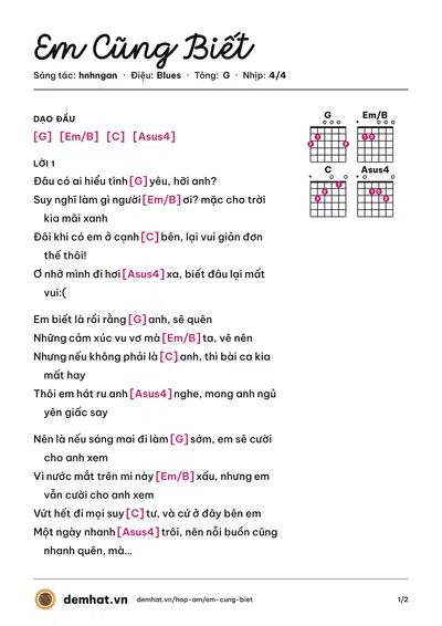 Hợp âm Em Cũng Biết (hnhngan) – bản nhạc PDF trang 1, tông G