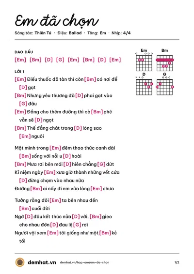 Hợp âm Em đã chọn (Thiên Tú) – bản nhạc PDF trang 1, tông Em