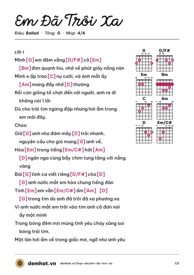 Hợp âm Em Đã Trôi Xa (kennykhiet) – bản nhạc PDF trang 1, tông G