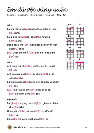 Hợp âm Em đã vội vàng quên (Hoàng Lâm) – bản nhạc PDF trang 1, tông Am