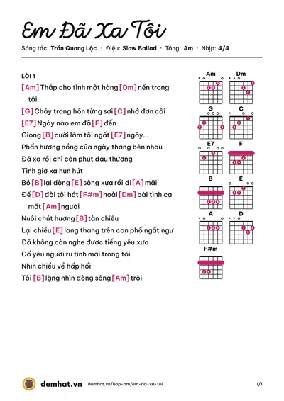 Hợp âm Em Đã Xa Tôi (Quang Dũng) – bản nhạc PDF trang 1, tông Am