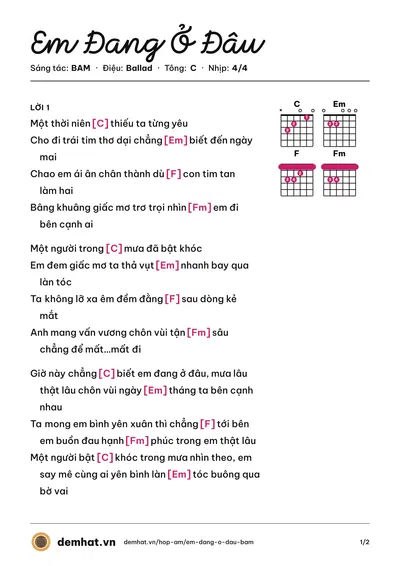 Hợp âm Em Đang Ở Đâu (BAM) – bản nhạc PDF trang 1, tông C