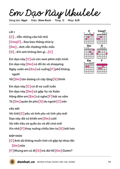 Hợp âm Em Dạo Này Ukulele (Ban nhạc Ngọt) – bản nhạc PDF trang 1, tông C