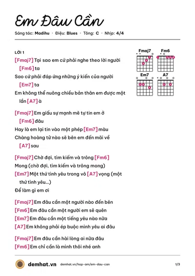 Hợp âm Em Đâu Cần (Tlinh) – bản nhạc PDF trang 1, tông C