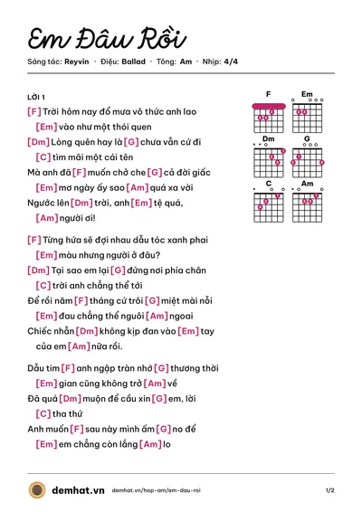 Hợp âm Em Đâu Rồi (Dương Hùng Sơn) – bản nhạc PDF trang 1, tông Am