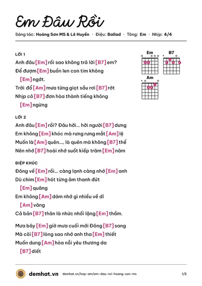 Hợp âm Em Đâu Rồi (Hoàng Sơn MS) – bản nhạc PDF trang 1, tông Em