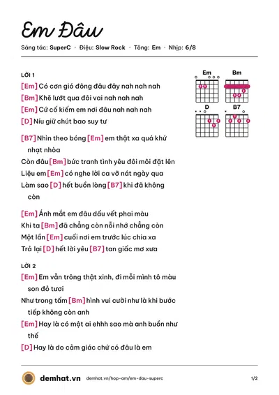 Hợp âm Em Đâu (SuperC) – bản nhạc PDF trang 1, tông Em