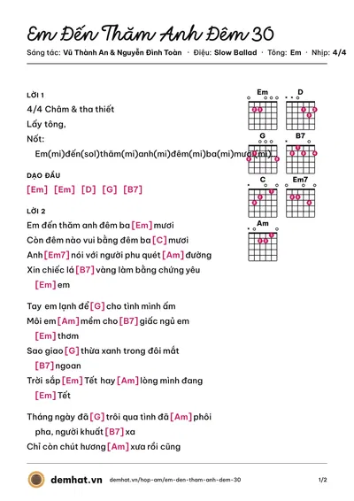 Hợp âm Em Đến Thăm Anh Đêm 30 (Thái Châu) – bản nhạc PDF trang 1, tông Em
