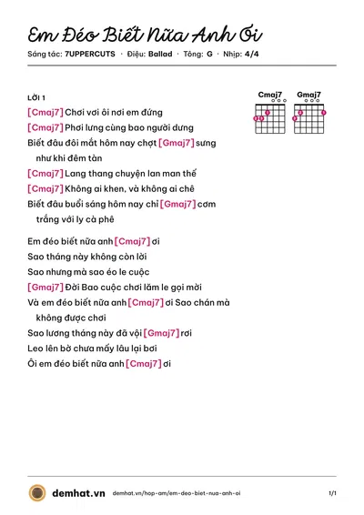 Hợp âm Em Đéo Biết Nữa Anh Ơi (7UPPERCUTS) – bản nhạc PDF trang 1, tông G