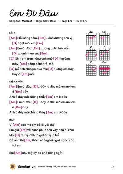 Hợp âm Em Đi Đâu (Machiot) – bản nhạc PDF trang 1, tông Em