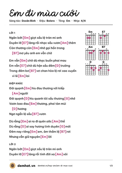 Hợp âm Em đi mùa cưới (Dzoãn Bình) – bản nhạc PDF trang 1, tông Em