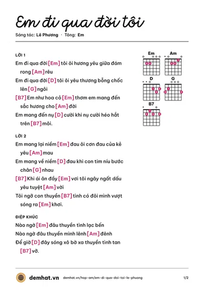 Hợp âm Em đi qua đời tôi (Ngọc Phạm) – bản nhạc PDF trang 1, tông Em