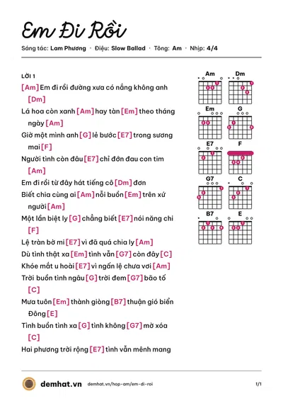 Hợp âm Em Đi Rồi (Hiền Thục) – bản nhạc PDF trang 1, tông Am