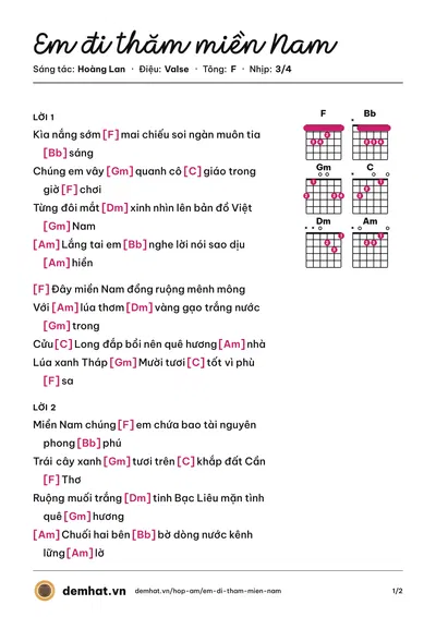 Hợp âm Em đi thăm miền Nam (Hoàng Lan) – bản nhạc PDF trang 1, tông F
