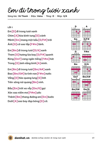 Hợp âm Em đi trong tươi xanh (Hải Vân) – bản nhạc PDF trang 1, tông D