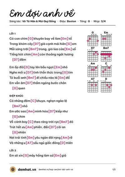Hợp âm Em đợi anh về (Thùy Dương) – bản nhạc PDF trang 1, tông G