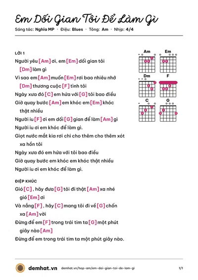 Hợp âm Em Dối Gian Tôi Để Làm Gì (Thiên Đăng) – bản nhạc PDF trang 1, tông Am