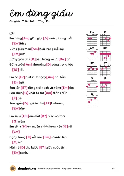 Hợp âm Em đừng giấu (Hoàng Nghiệp) – bản nhạc PDF trang 1, tông Em
