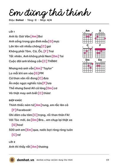 Hợp âm Em đừng thả thính – bản nhạc PDF trang 1, tông C