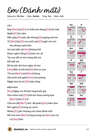 Hợp âm Em (Đánh mất) (Mr.Siro) – bản nhạc PDF trang 1, tông Em