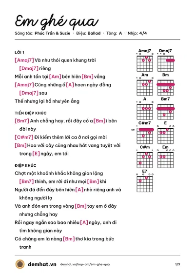 Hợp âm Em ghé qua (Ân Ngờ) – bản nhạc PDF trang 1, tông A