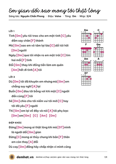 Hợp âm Em gian dối sao mong tôi thật lòng (Nguyên Chấn Phong) – bản nhạc PDF trang 1, tông Dm
