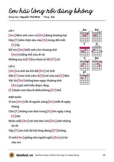 Hợp âm Em hài lòng rồi đúng không (Cao Nam Thành) – bản nhạc PDF trang 1, tông Am